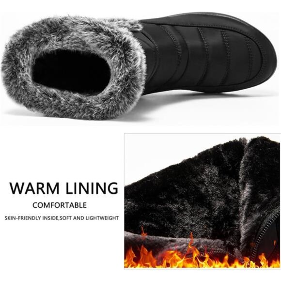 Women's Winter Snow Boots: Warm Fur Lined Zipper Ankle Booties, Black - Picture 4 of 6